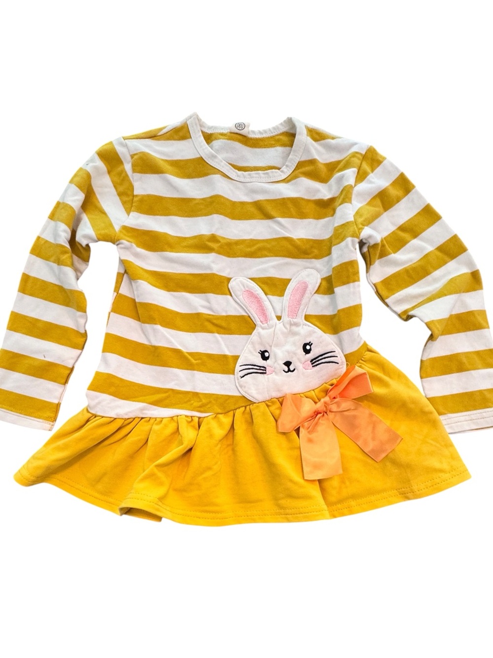 Size 4T yellow/white striped long sleeve dress w/bunny appliqué asymmetrical hem